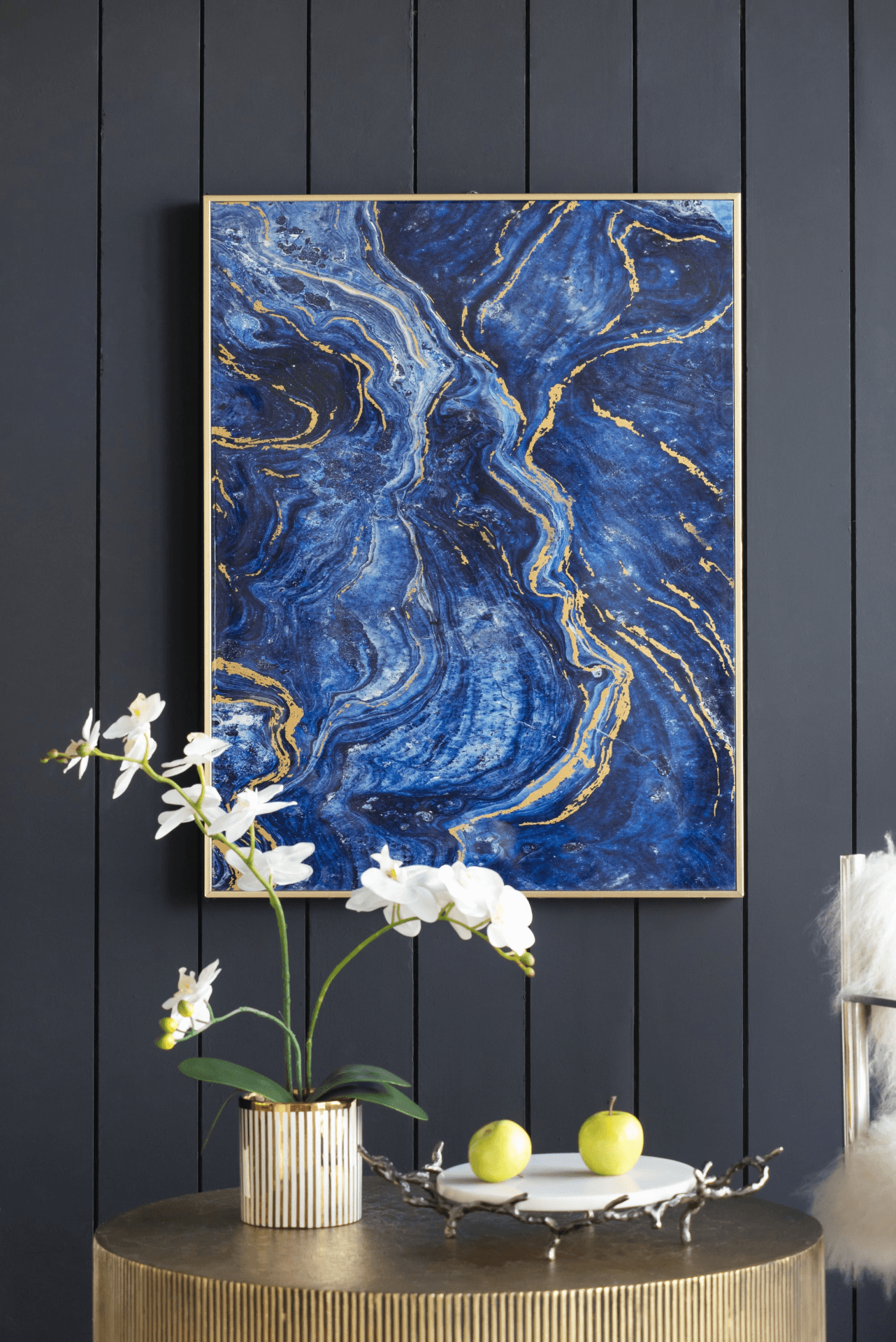 Set of 2 Blue and Gold Framed Art Panels, Unique Marbled Design, 30.5" x 40" - Loomini