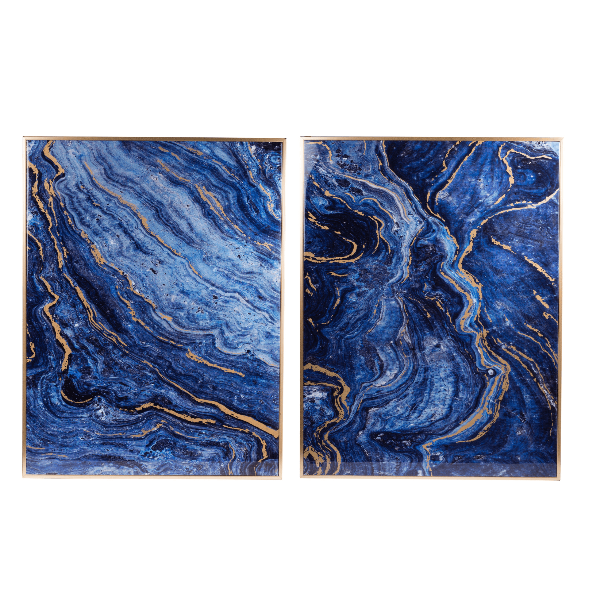 Set of 2 Blue and Gold Framed Art Panels, Unique Marbled Design, 30.5" x 40" - Loomini