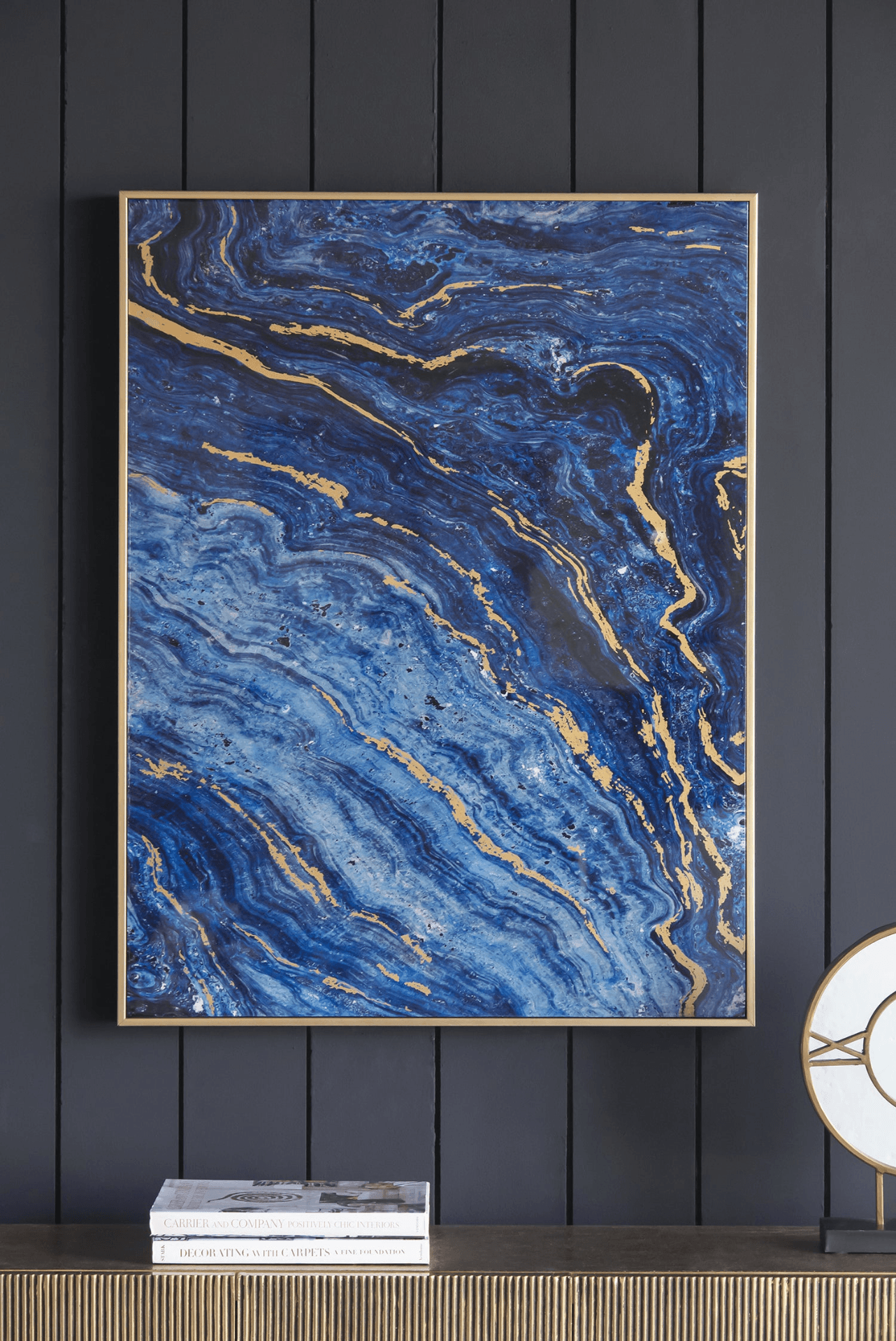 Set of 2 Blue and Gold Framed Art Panels, Unique Marbled Design, 30.5" x 40" - Loomini