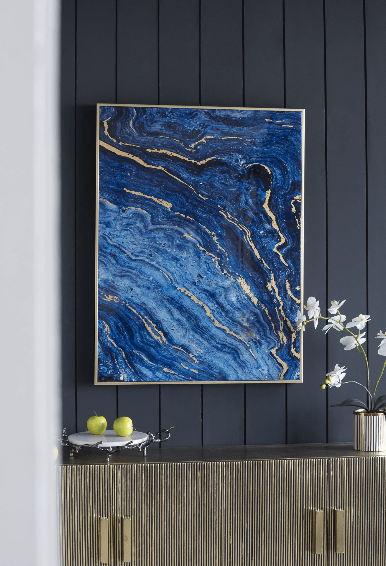 Set of 2 Blue and Gold Framed Art Panels, Unique Marbled Design, 30.5" x 40" - Loomini