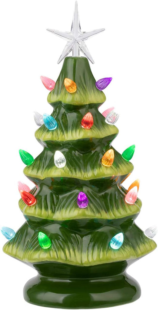 11" Ceramic Christmas Tree Tabletop Christmas Tree Lights with 28 Multicolored Lights and 1 Star Toppers for Table Top Desk Classic Series Christmas Decoration (Green) (Green)