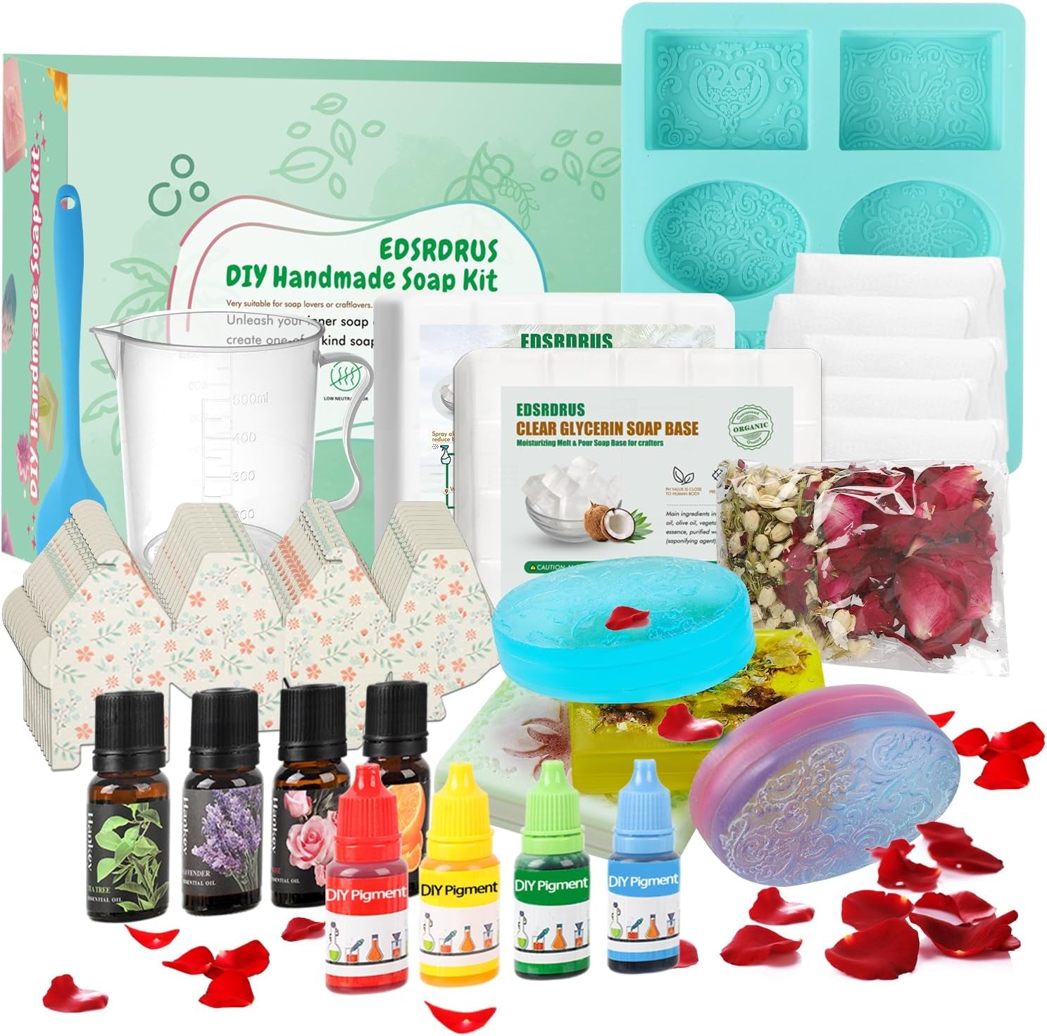 DIY Soap Making Kit Supplies for Beginners – 2Lbs Melt and Pour Soap Base, Flowers, Molds, Essential Oils, Pigments, 10 Gift Boxes & Bags Included!