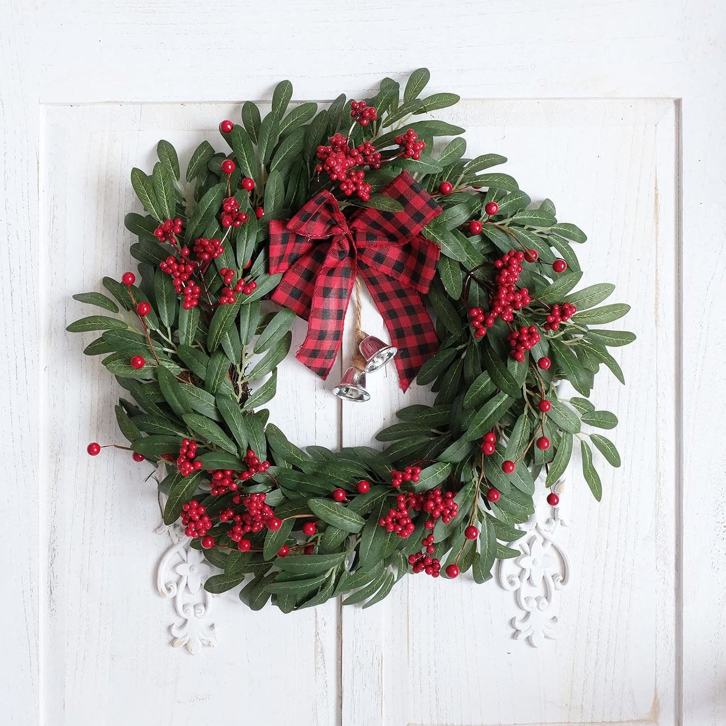 Christmas Olive Wreath for Front Door Christmas Red Berry Wreath, Winter Bowknot Leaves Wreath with Red Berry and Jingle Bell Farmhouse Front Door Wreath