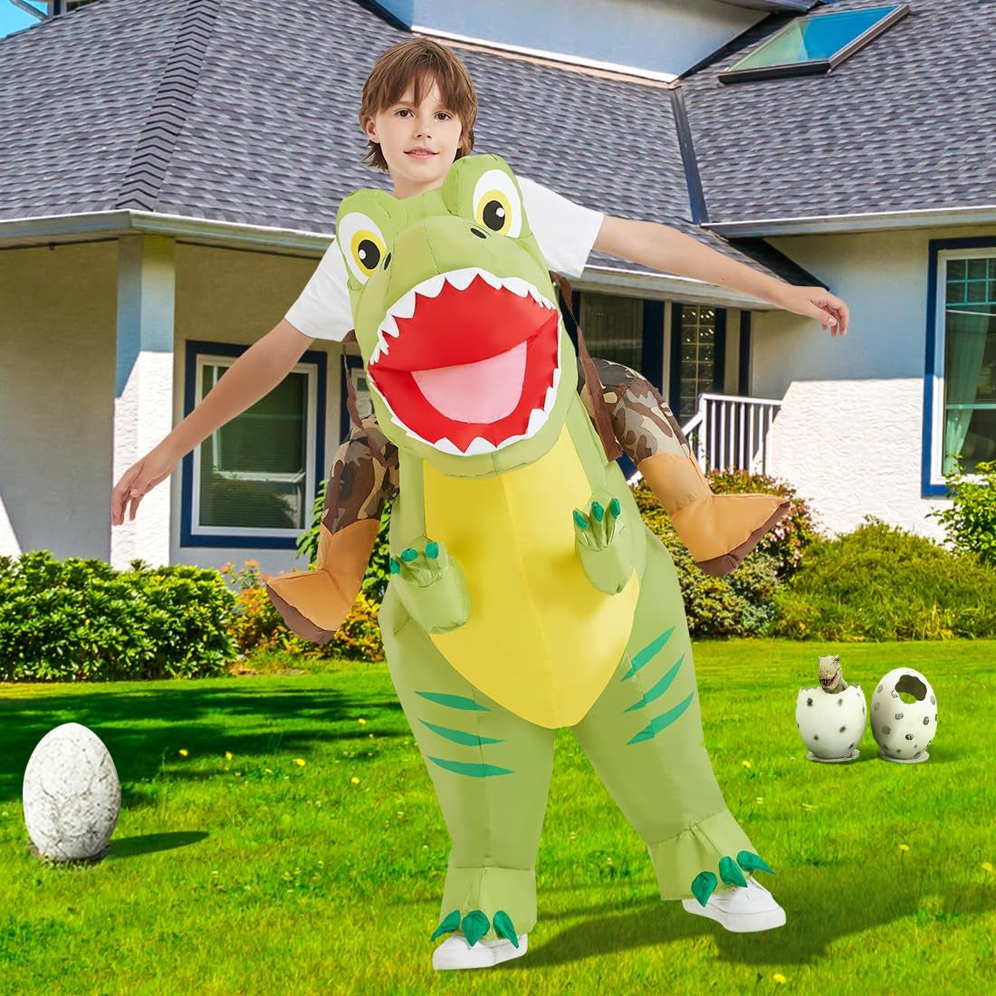 Kid riding a dinosaur costume best sale