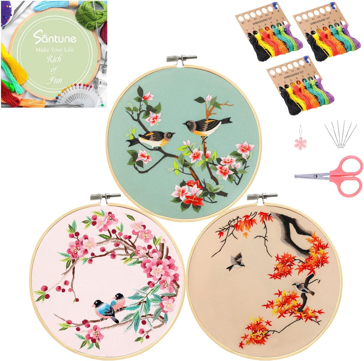 3 Sets Embroidery Kit for Beginners Needlepoint Cross Stitch Kits for Adults,Stitch Learning DIY Kit with Easy Instruction Video,Stamped Floral Embroidery Patterns,Hoop,Threads,Sewing Hobby