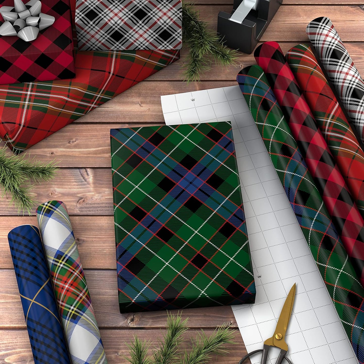 Christmas Wrapping Paper Rolls - Black and Red Buffalo Plaid, Royal Stewart Tartan, Blue, Green (6 Rolls: 180 Sq. Ft. Ttl.) for Holiday Parties, Hanukkah, Winter Weddings