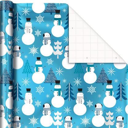 Blue Foil Christmas Wrapping Paper with Cut Lines on Reverse (3 Rolls: 60 Sq. Ft. Ttl) Snowmen, Snowflakes, Christmas Trees