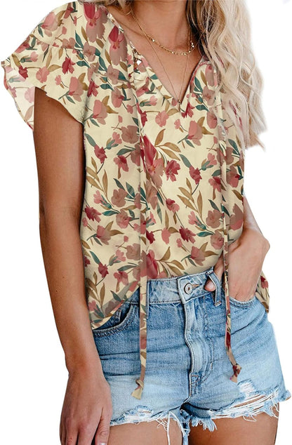 Women'S Casual Boho Floral Printed V Neck Tops Drawstring Short Long Sleeve T Shirt Blouses