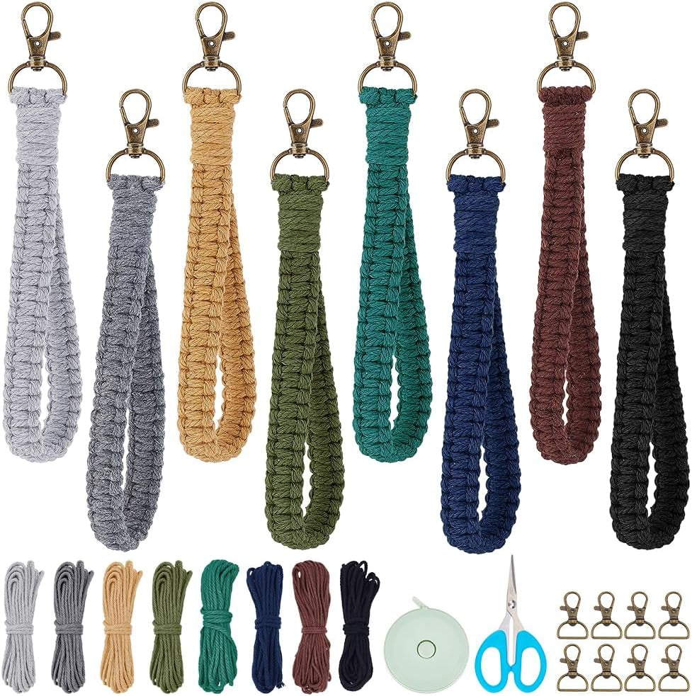 8 Sets Macrame DIY Wristlet Keychain Kits with Update Instruction Macrame Cord Knotting Kits for Adults Beginners Boho Macrame Keychain Kit Includes Key Rings for Key Gift Macrame Beginners