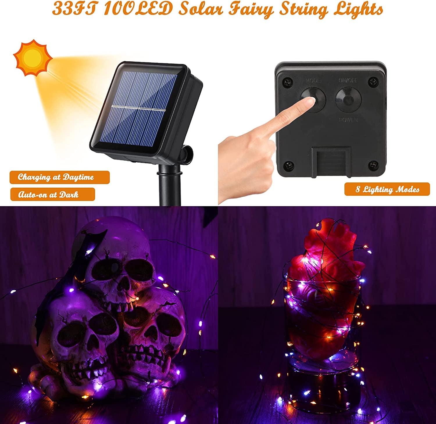 2 Pack Halloween Solar Lights, 33Ft 100LED Orange Purple Halloween Fairy Lights Waterproof 8 Modes Twinkle Lights Outdoor for Halloween Party DIY Decoration Black Wire