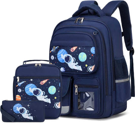 3PCS School Backpack for Boys, Kids Backpack for Boys with Lunch Box Pencil Case, Cool Space Astronaut Backpack for Boys, Schoolbag Bookbag for Kindergarten Elementary Middle High School