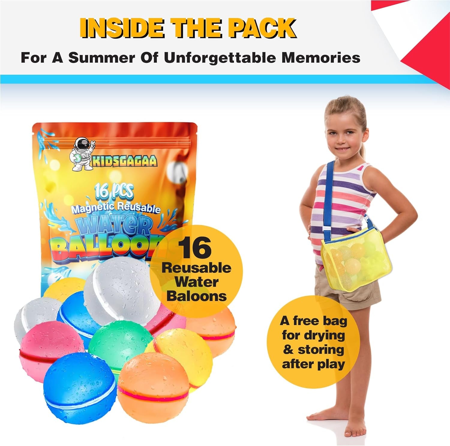 16 Pcs Reusable Water Balloons for Kids, Quick Fill Toddler Summer Toys, Bulk Refillable Magnetic Swimming Pool Outdoor Self-Sealing Bombs