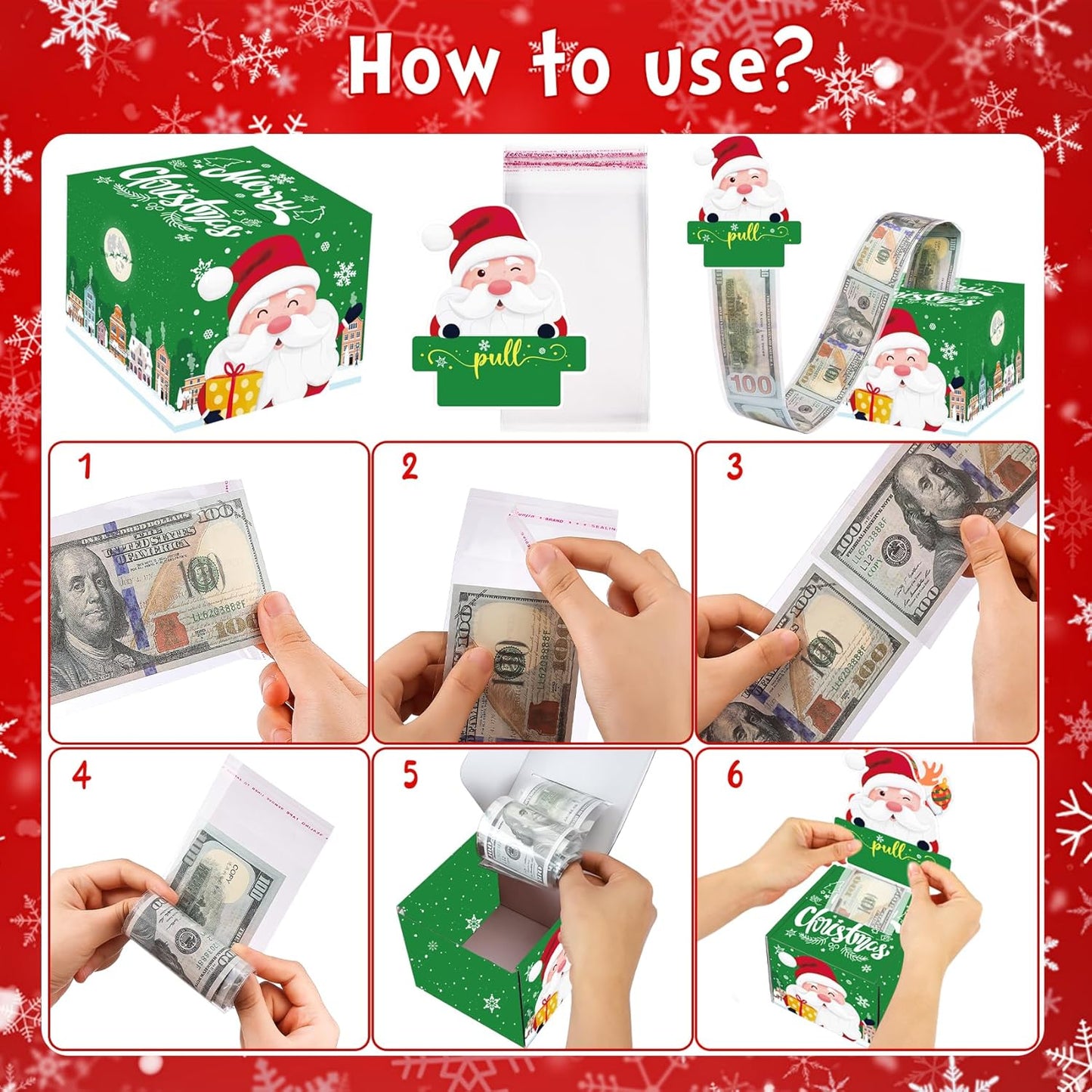 4 Pack Christmas Money Box for Cash Gift Pull, Surprise Money Holder for Kids Adults with 200Pcs Transparent Bags - Fun Ways to Give Cash as a Gift for Your Loved Ones