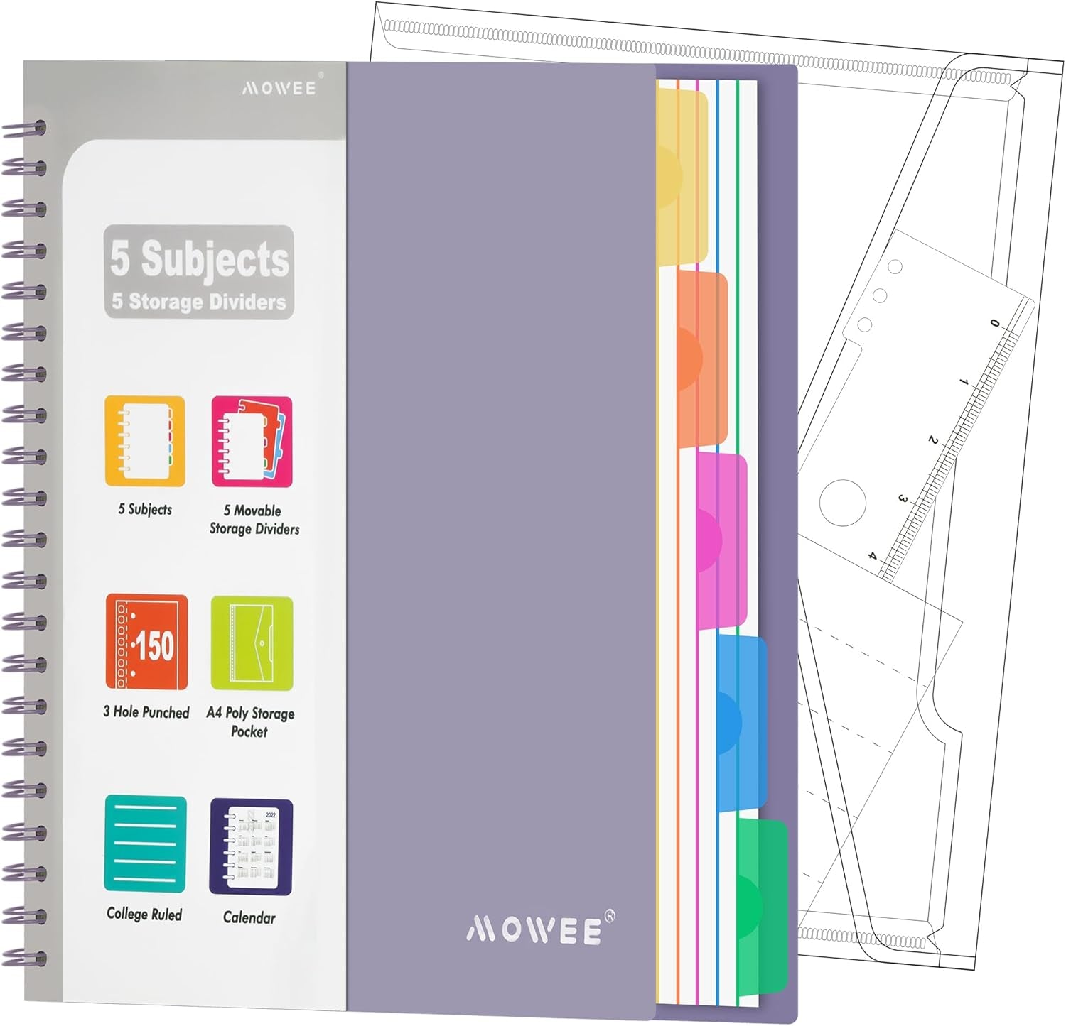 Spiral Notebook - 5 Subject Notebook, College Ruled Notebook with Dividers Pocket, Tabs Label, 11" Ruler, 200 Pages, for Writing Journal, Home & Office, School Supplies, 8.5''X11''Black