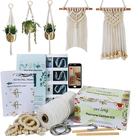 DIY Macrame Kit for Adults Beginners Craft for Making 3 Macrame Plant Hangers Macrame Wall Decor Macrame Supplies Wooden Beads Wooden Rings Metal Rings Macrame Kits for Starter