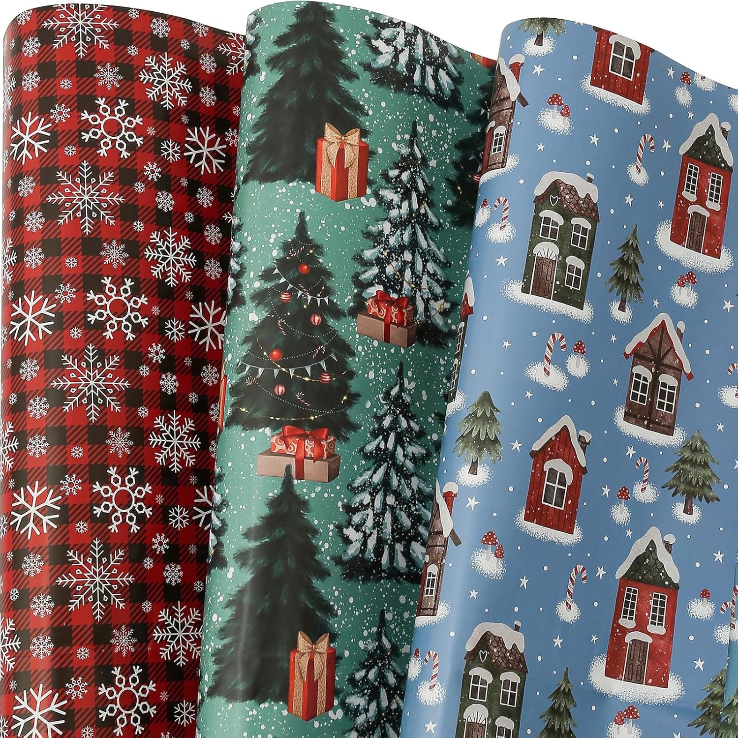 Christmas Wrapping Paper for Kids Boys Girls Man Women Holiday Party. 6 Large Sheets Gift Wrap 3 Vintage Designs, Red & Black Plaid with Snowflake, Pine and Gifts,26.7 Inch X 37Inch per Sheet