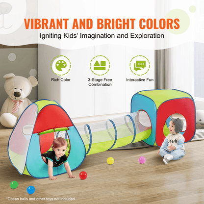 VEVOR 3 in 1 Kids Play Tent with Tunnel for Boys, Girls, Babies and Toddlers, Indoor/Outdoor Pop Up Playhouse with Carrying Bag & Banding Straps as Birthday Gifts, Red/Yellow/Blue Multicolor - Loomini