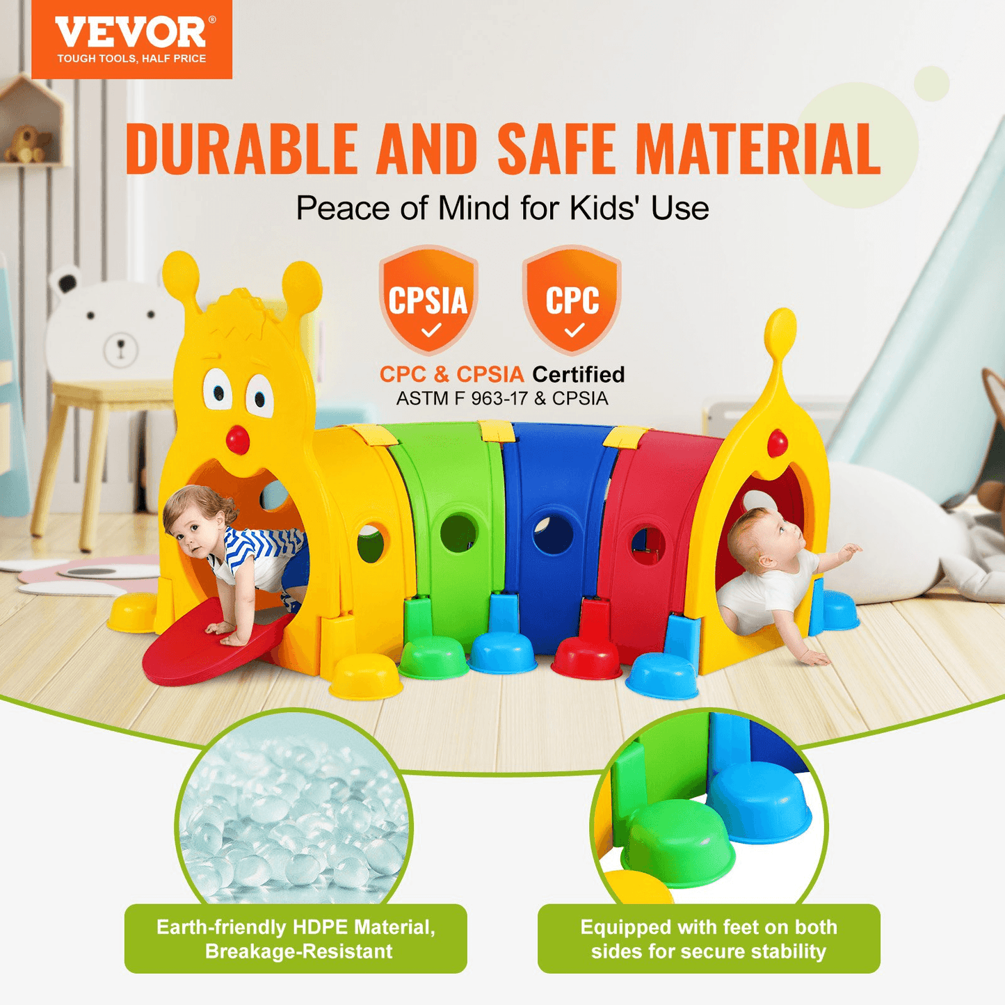 VEVOR Caterpillar Tunnel for Kids, Outdoor Indoor Climb and Crawl Through, Play Equipment for Toddler,Boys,Girls,Baby 3-6, 4 Sections, for Daycare, Preschool, Playground, Multicolor - Loomini