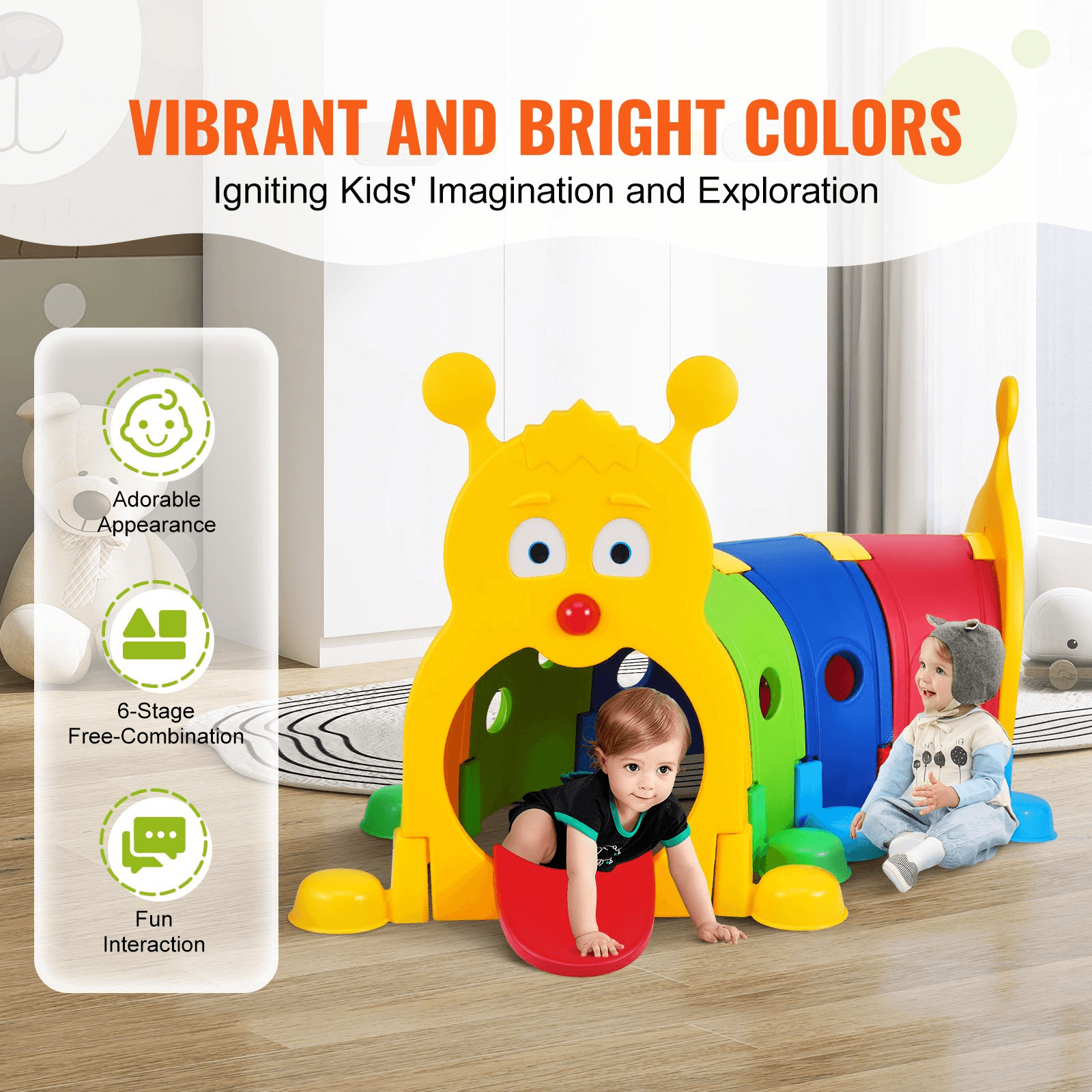 VEVOR Caterpillar Tunnel for Kids, Outdoor Indoor Climb and Crawl Through, Play Equipment for Toddler,Boys,Girls,Baby 3-6, 4 Sections, for Daycare, Preschool, Playground, Multicolor - Loomini