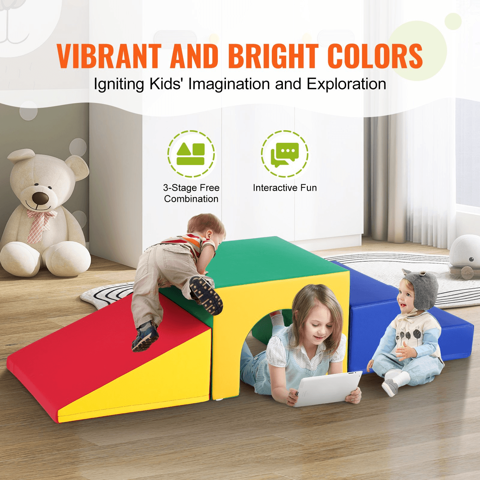 VEVOR Single Tunnel Climber, Toddler Playset, Foam Climbing Blocks for Toddlers, Kids Tunnel Maze with Stairs and Ramp, Indoor for Toddlers and Preschoolers Easy to Clean, 3 pcs (Assorted) - Loomini