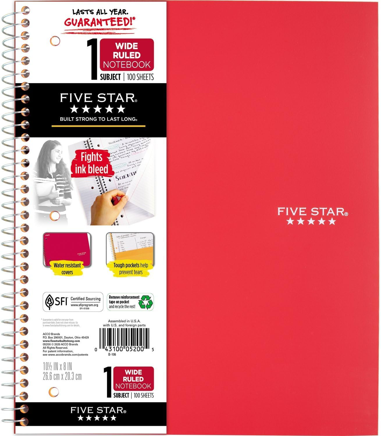 Spiral Notebook, 1 Subject, Wide Ruled Paper, 10-1/2" X 8", 100 Sheets, Assorted Colors, Color Will Vary, Office Product , 1 Count (05200)