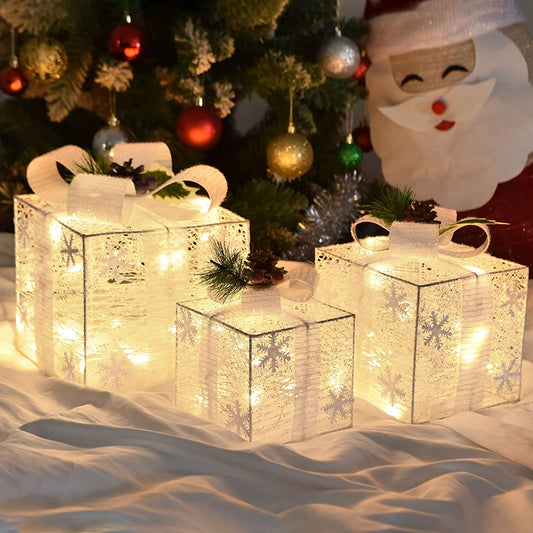 Christmas Lighted Gift Boxes, Set of 3 Christmas Decorations for Home, Light up Christmas Ornaments, Warm White LED with Bows for Indoor Party Holiday, Christmas Decor(Snow)