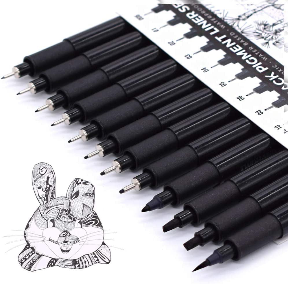 Art Pens,Fineliner Ink Pens,Set of 12 Technical Drawing Pen,Pigment Pen,Fine Point,Black,Waterproof,For Art Watercolor,Sketching,Anime,Manga, 902188