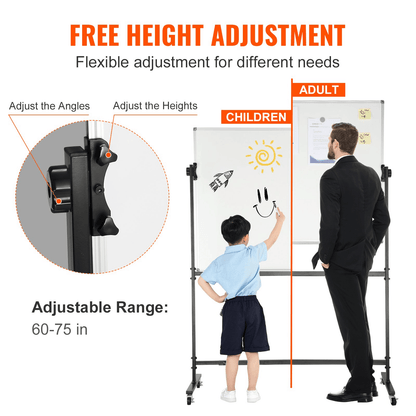 VEVOR Rolling Whiteboard, 48x32 inch Double-Sided Magnetic Mobile Whiteboard, 360° Reversible Adjustable Height Dry Erase Board with Wheels & Movable Tray for Office School - Loomini