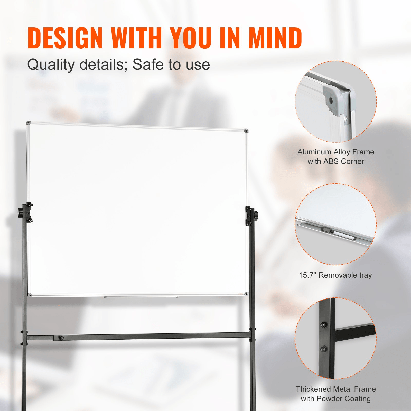 VEVOR Rolling Whiteboard, 48x32 inch Double-Sided Magnetic Mobile Whiteboard, 360° Reversible Adjustable Height Dry Erase Board with Wheels & Movable Tray for Office School - Loomini