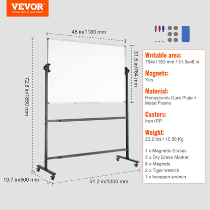 VEVOR Rolling Whiteboard, 48x32 inch Double-Sided Magnetic Mobile Whiteboard, 360° Reversible Adjustable Height Dry Erase Board with Wheels & Movable Tray for Office School - Loomini