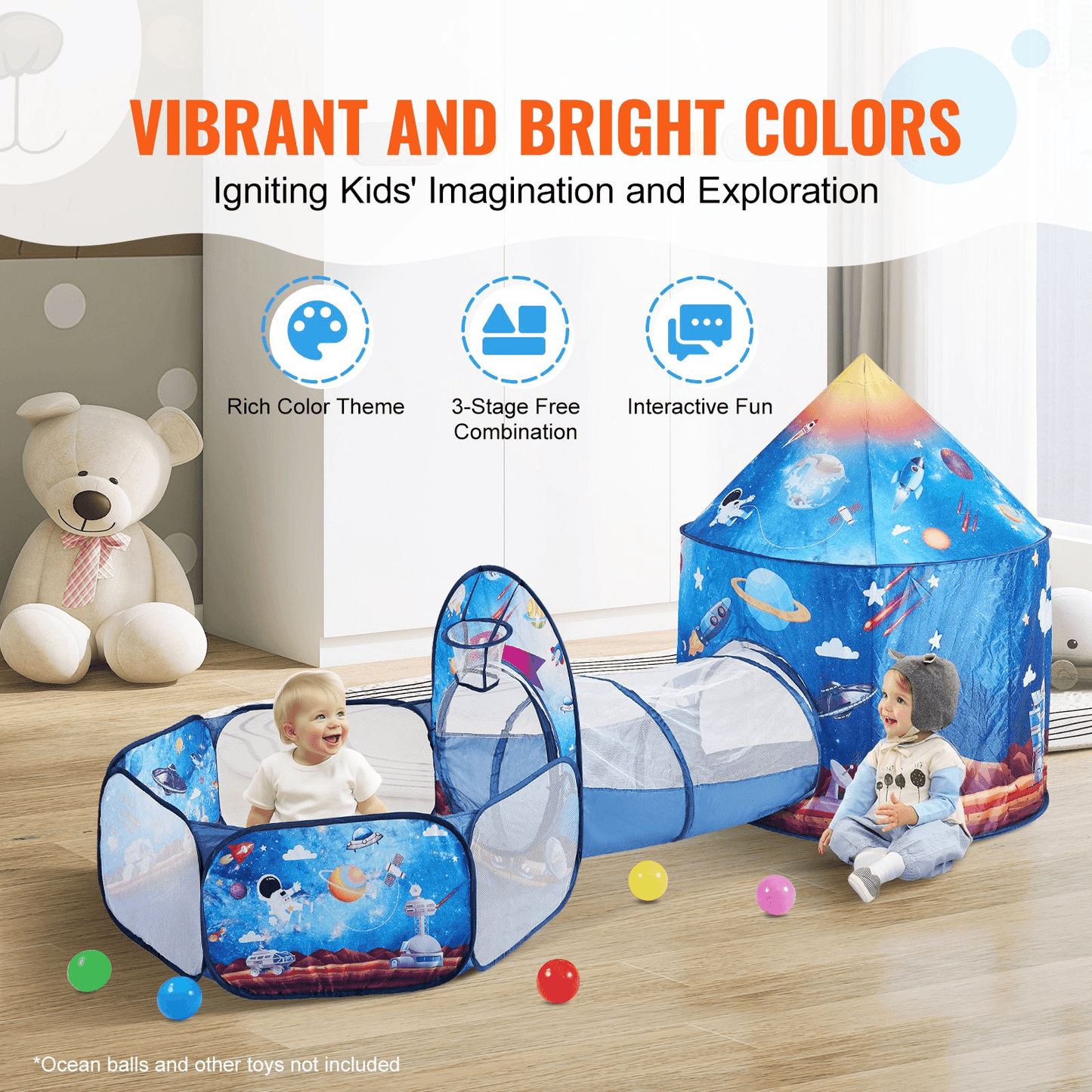 VEVOR 3 in 1 Kids Play Tent with Tunnel for Boys, Girls, Babies and Toddlers, Indoor/Outdoor Pop Up Playhouse with Carrying Bag & Banding Straps Birthday Gifts, Royal Blue Color Rocket Theme - Loomini