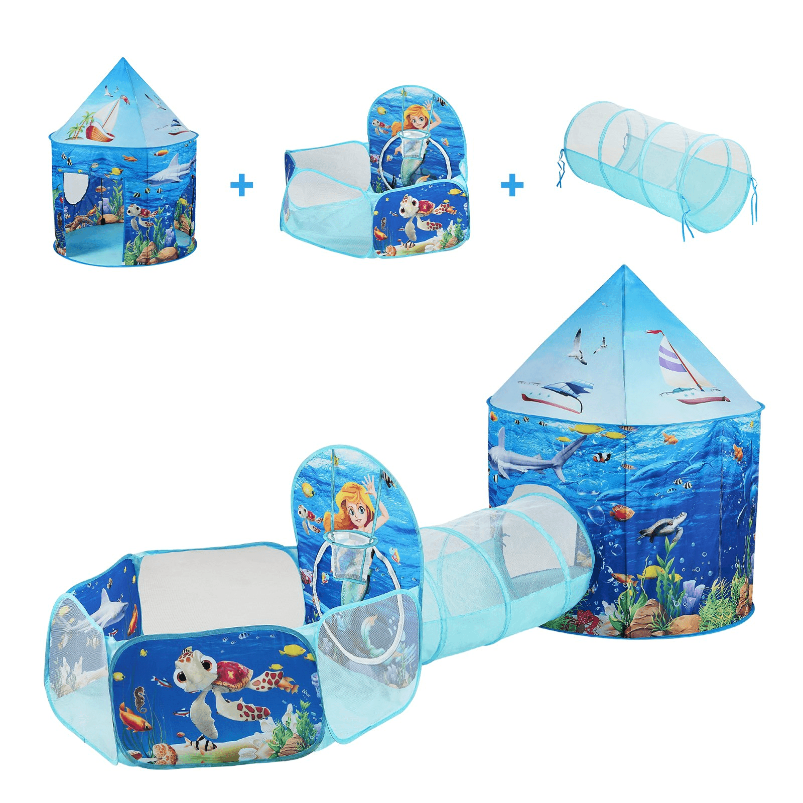 VEVOR 3 in 1 Kids Play Tent with Tunnel, Basketball Hoop for Boys, Girls, Babies and Toddlers, Indoor/Outdoor Pop Up Playhouse with Carrying Bag & Banding Straps Birthday Gifts, Blue Ocean - Loomini