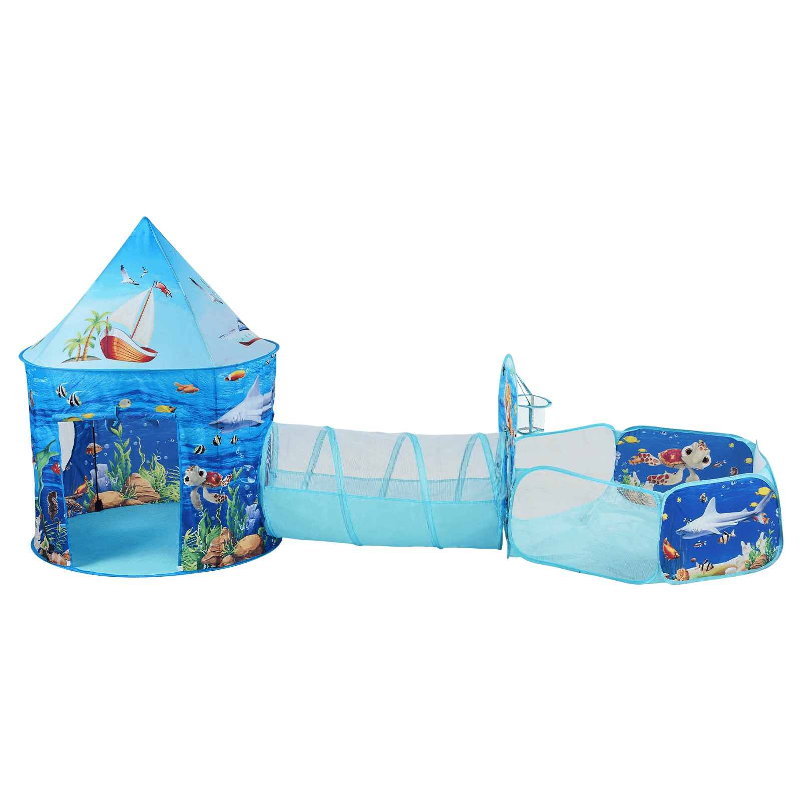 VEVOR 3 in 1 Kids Play Tent with Tunnel, Basketball Hoop for Boys, Girls, Babies and Toddlers, Indoor/Outdoor Pop Up Playhouse with Carrying Bag & Banding Straps Birthday Gifts, Blue Ocean - Loomini