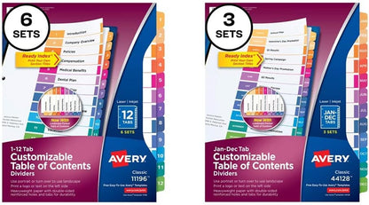 12 Tab Dividers for 3 Ring Binders, Customizable Table of Contents, Multicolor Tabs, 6 Sets (11196)