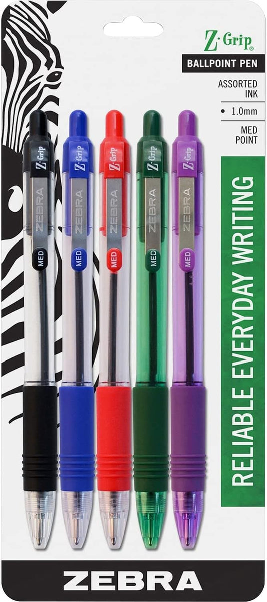 Pen Z-Grip Ballpoint Retractable Pen, 1.0Mm, Assorted, 5-Pack