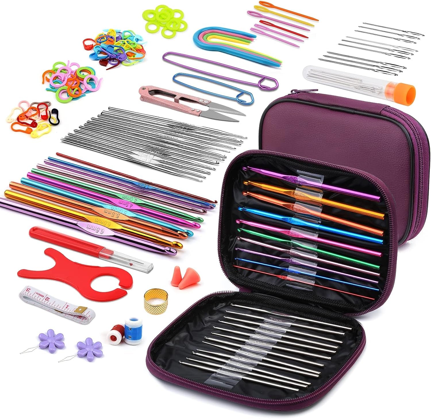 54 Pcs Crochet Needles Set, Crochet Hooks Kit with Storage Case, Ergonomic Knitting Needles Blunt Needles Stitch Marker DIY Hand Knitting Craft Art Tools for Beginners