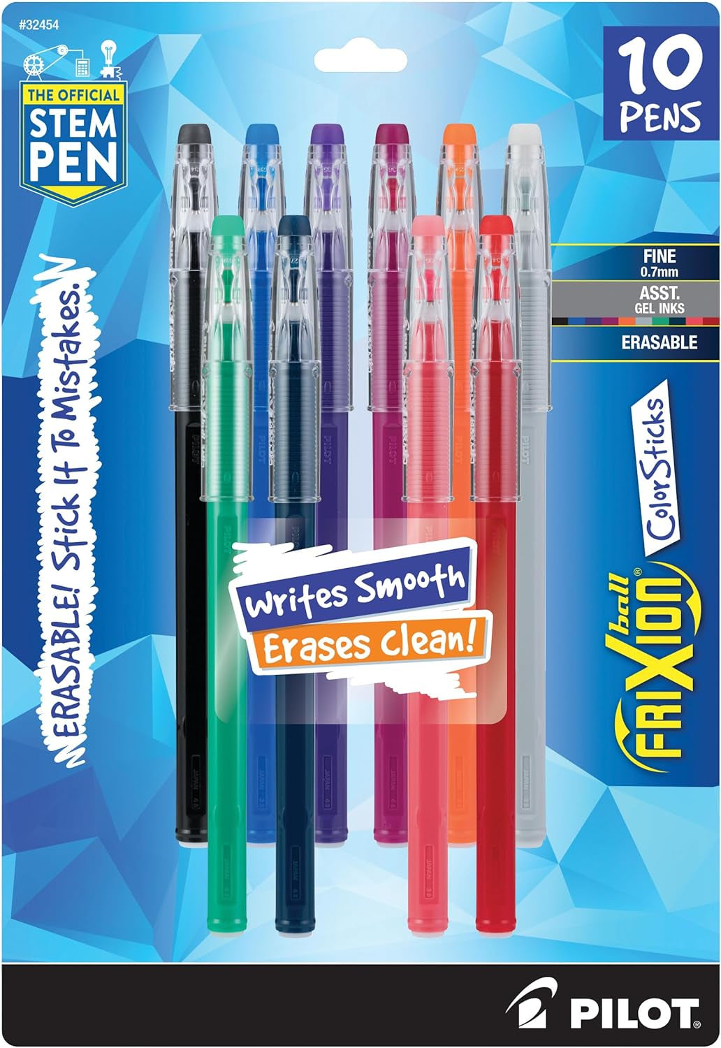 , Frixion Colorsticks Erasable Gel Ink Pens, Fine Point 0.7 Mm, Pack of 10, Assorted Colors