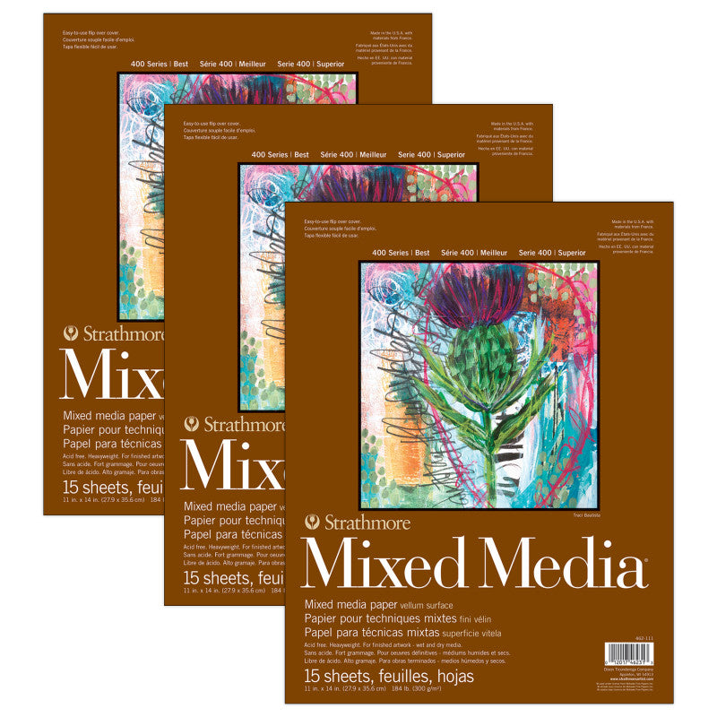 400 Series Mixed Media Pad, Glue Binding, 15 Sheet, 11x14 inch, Pack of 3