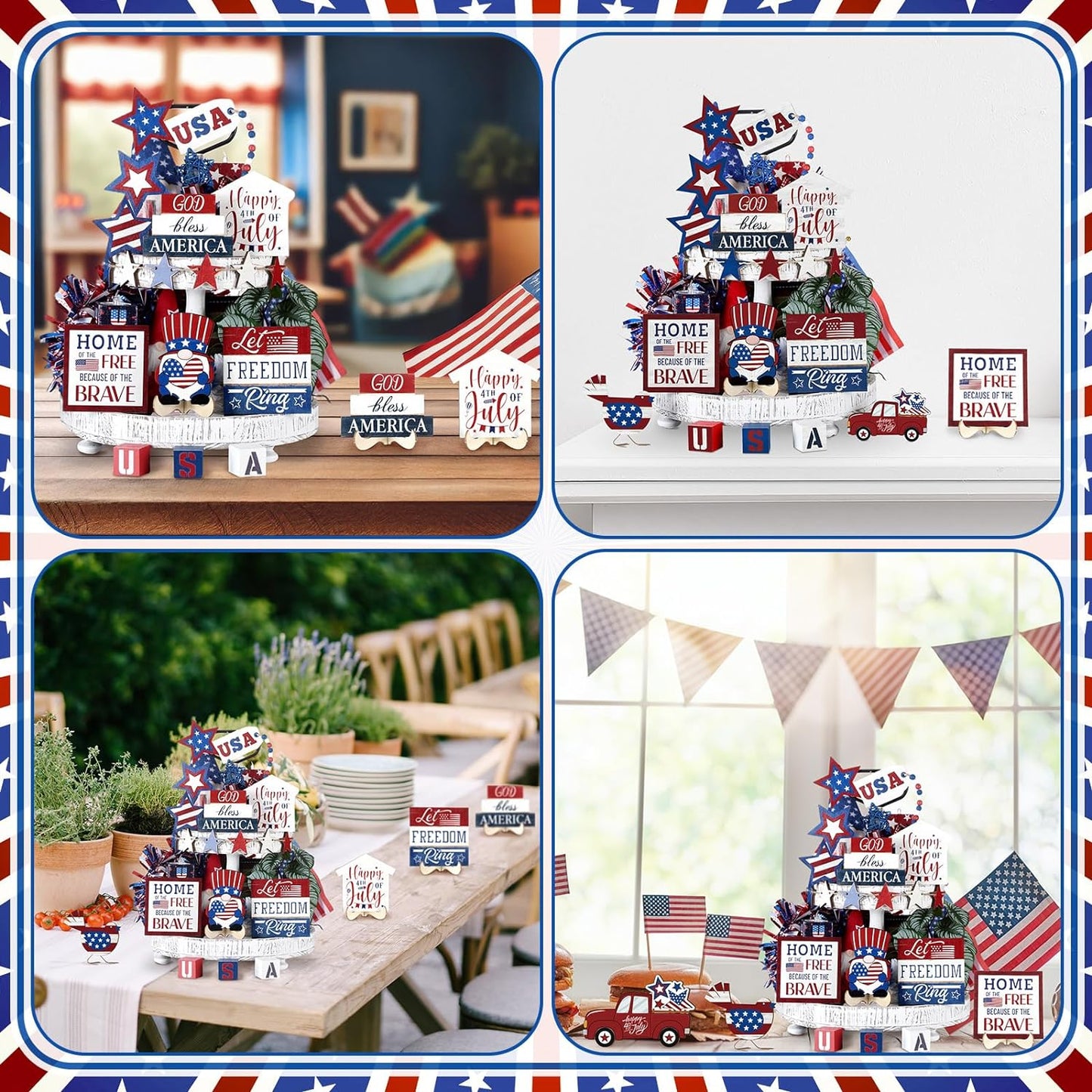 20 Pcs 4Th of July Tiered Tray Decor Set Patriotic Decorations Memorial Day Red White Blue Wooden Sign Rustic Farmhouse Table Decor for Independence Day Labor Day Home Decor