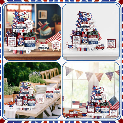 20 Pcs 4Th of July Tiered Tray Decor Set Patriotic Decorations Memorial Day Red White Blue Wooden Sign Rustic Farmhouse Table Decor for Independence Day Labor Day Home Decor