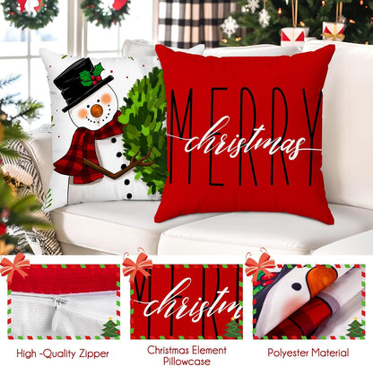 Christmas Pillow Covers 20X20 Set of 4 Christmas Decorations Snowman Wreath Santa Tree Winter Holiday Decor Throw Cushion Case for Home Couch