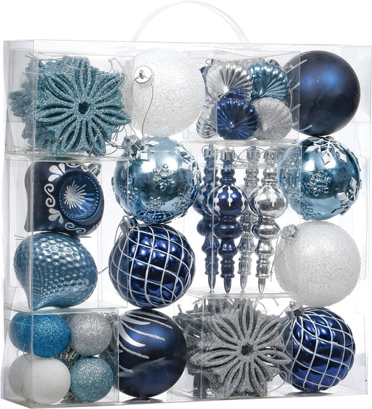 Christmas Ornaments Set, 70Ct Navy Blue and Silver Shatterproof Christmas Tree Decorations Ball Ornaments Bulk, Winter Wonderland Hanging Ornaments for Xmas Trees Holiday Decor