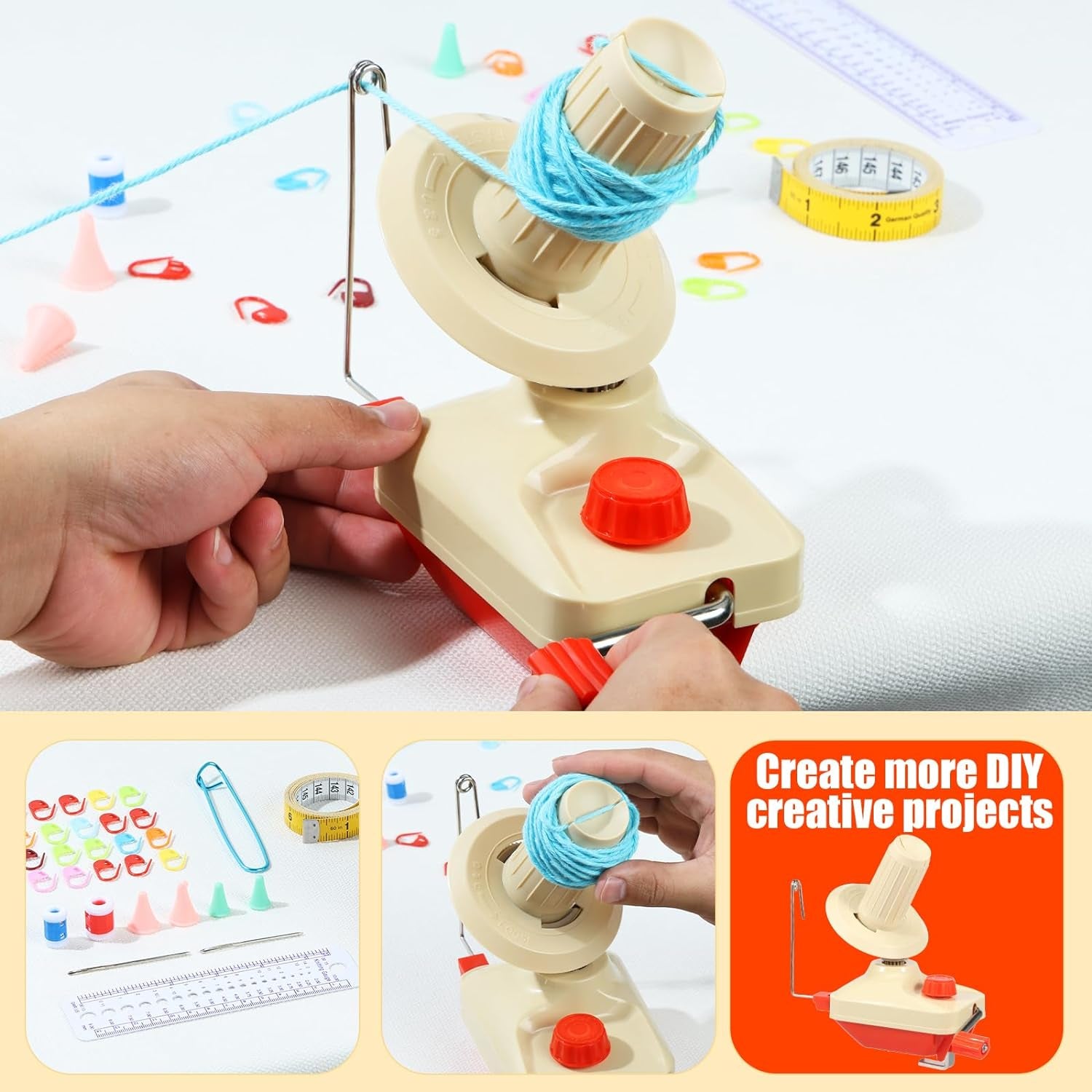 Yarn Ball Winder Set Portable Hand Operated Reusable Low Noise Wool Winder with Positioning Buckle Scissors Manual Wool String Winder Lightweight Wool Winder for Wool Yarn Craft