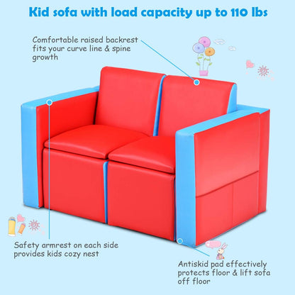 Kids Sofa, 2 in 1 Double Sofa Convert to Table and Two Chairs, Toddler Lounge with Wooden Frame and PVC Surface, Children Boys Girls Couch Armrest Chair Double Seats with Storage Space (Red)