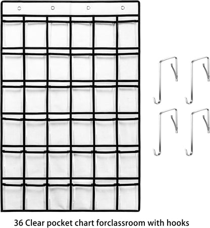 36 Clear Pockets Classroom Pocket Chart for Cell Phones and Calculator Holder, Pocket Chart for Classroom Phone Holder with Number Stickers and Hooks (Grey)