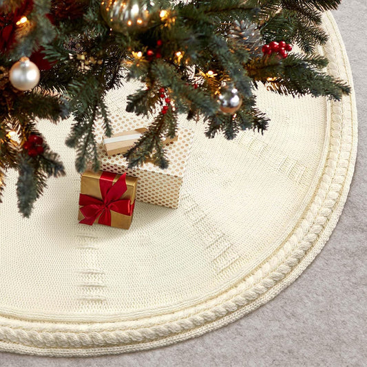 Christmas Tree Skirt 48 Inch Large - Knit Knitted Thick Rustic Tree Skirt Decor for Thanksgiving Xmas Holiday Party Winter Farmhouse New Year Decoration Indoor Outdoor(Cream)