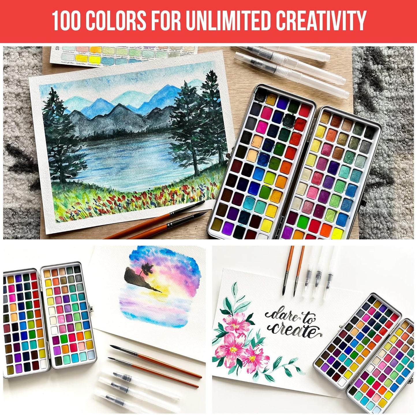 Watercolor Paint Set with 100 Bright Colors: for Adult Beginners & Professional with Metallic - Travel Sized Water Color Art Kit Palette