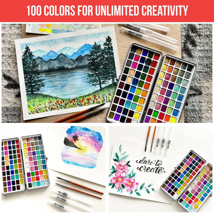 Watercolor Paint Set with 100 Bright Colors: for Adult Beginners & Professional with Metallic - Travel Sized Water Color Art Kit Palette