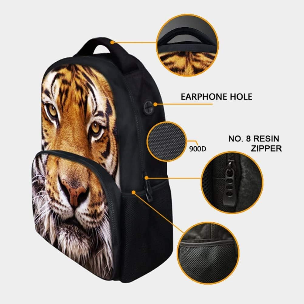 Tiger Animal School Bag for Man/Kid/Girl/Woman 3D Printing Student Backpack 17 Inch Black Cool Design Casual Daypack