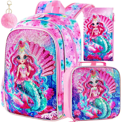 3PCS Mermaid Backpack for Girls, 16" Little Kids Sequin Preschool Bookbag, Elementary School Backpacks and Lunch Box